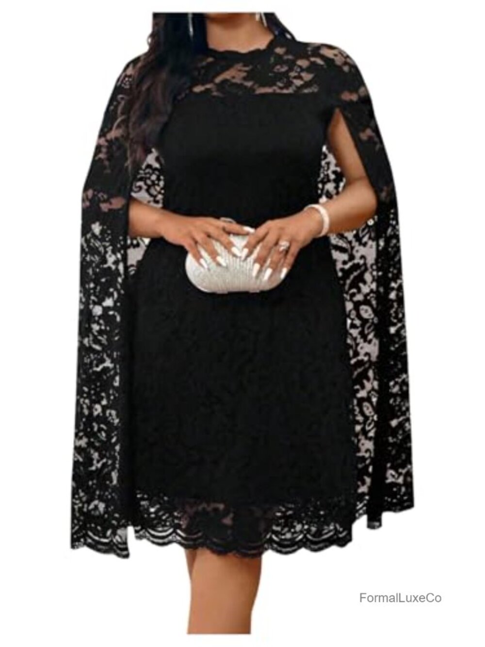 Plus Size Cocktail Dress Lace Cape Sleeve Knee Length Wedding Guest